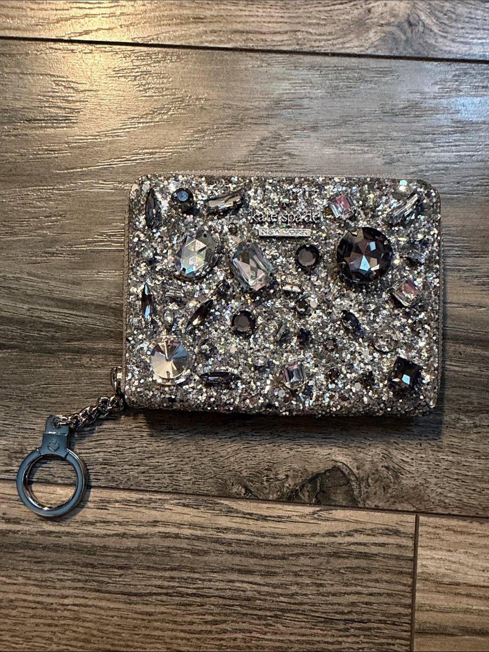 kate spade silver glitter jeweled zip card case with keyring
